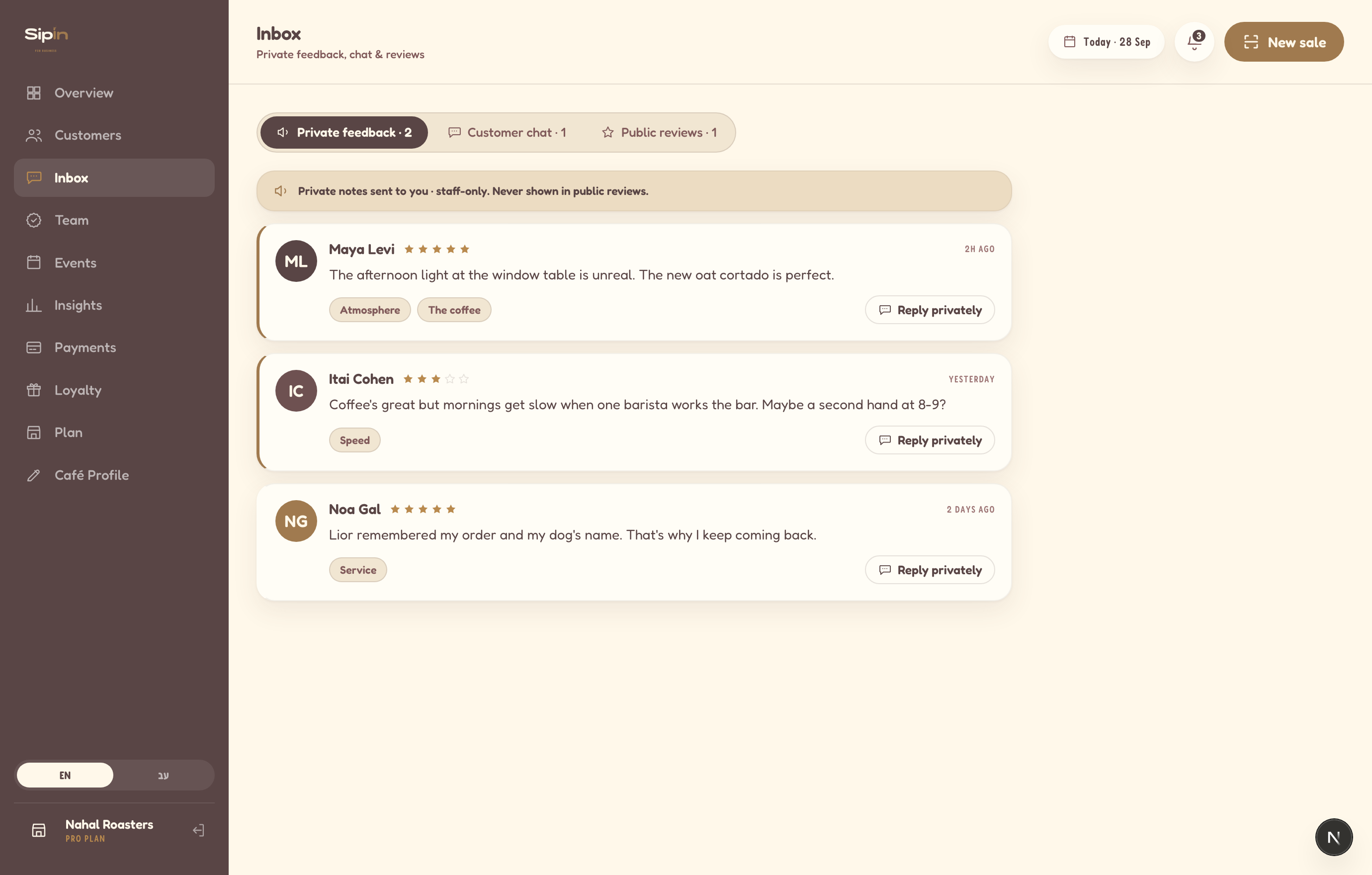 SipIn for Business private feedback inbox